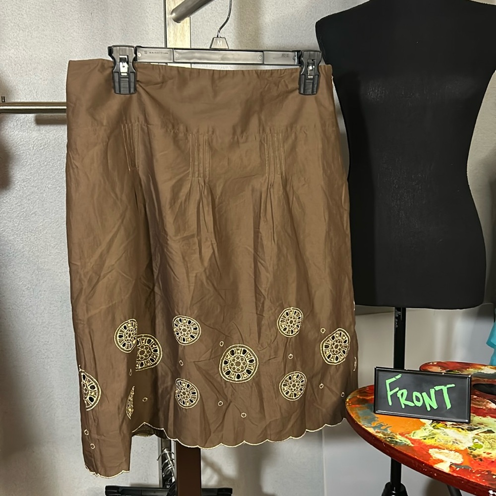 LOFT Women's Brown and Tan Boho Skirt w circle designs - Size 6‎
